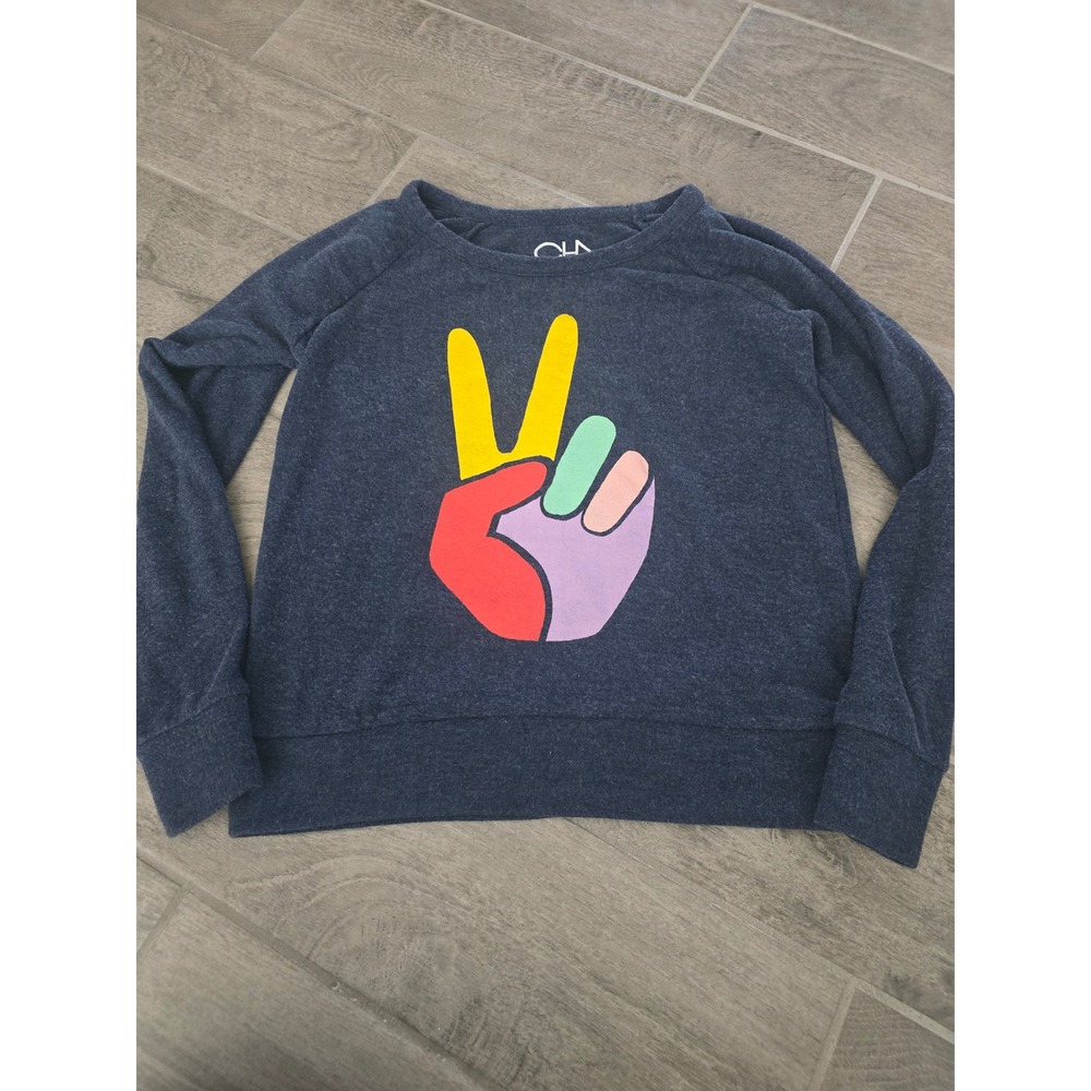 Chaser Womens Peace Sign Graphic Sweatshirt Blue Size Small‎ Multicolor Retro